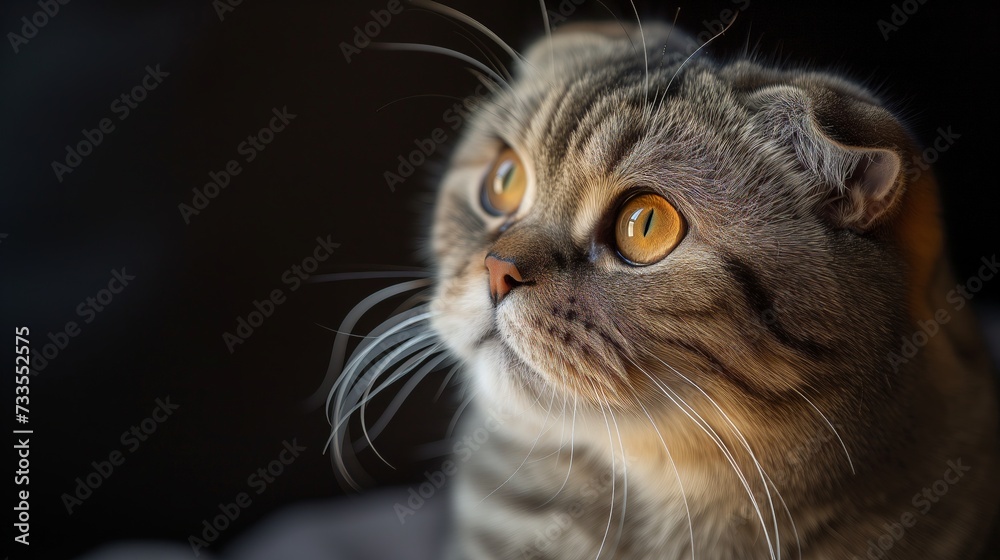 Fototapeta premium This Scottish Fold’s tranquil repose on a soft surface, its amber eyes reflecting subtle alertness, makes for a perfect pet portrait.