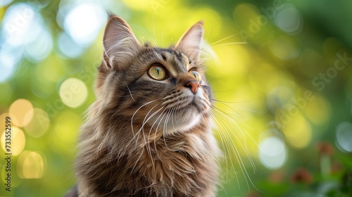 A Maine Coon's attentive look, framed by its luxurious fur and natural background, is a celebration of the breed's connection to both home and nature.