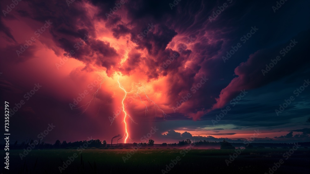 The electric dance of a lightning bolt contrasts sharply with the serene field below, a stark reminder of the raw power of nature.