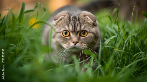 The Scottish Fold's wide, soul-searching eyes and folded ears are set against its soft fur, capturing a moment of feline grace.