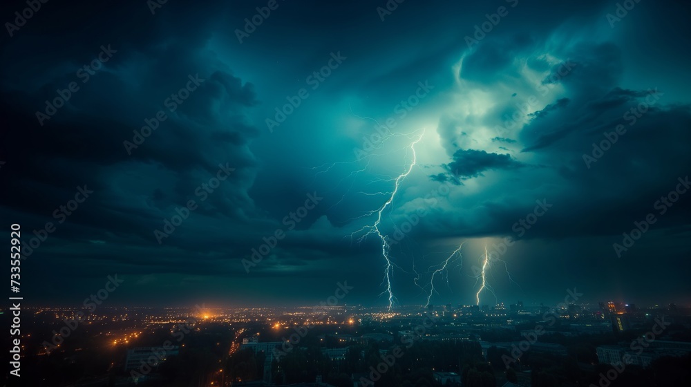 The sky's fury is evident as a bolt of lightning strikes, its intense glow a temporary beacon over the darkened landscape. - obrazy, fototapety, plakaty 