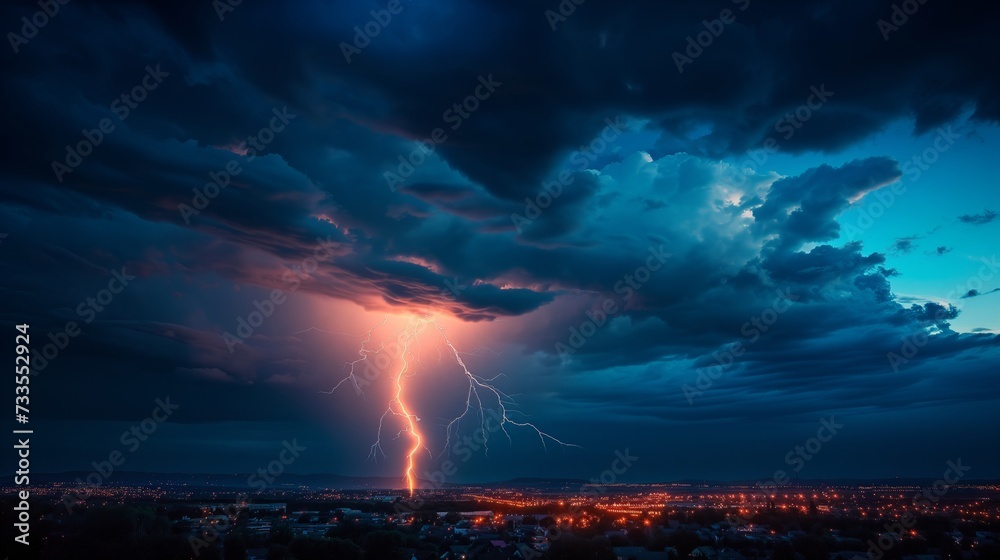The thunderstorm's electric might is showcased in a single, striking bolt of lightning, its impact echoing through the night sky.
