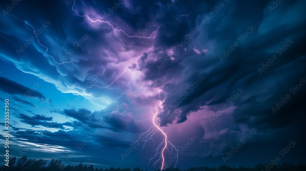 A lightning strike illuminates the stormy horizon, its powerful flash a contrast to the gentle glow of the dusk below.
