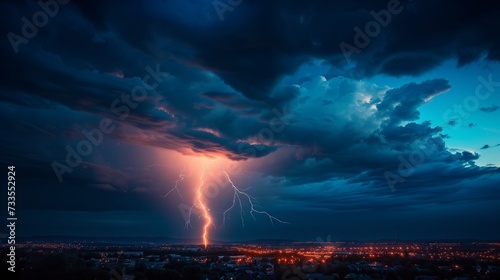 The thunderstorm's electric might is showcased in a single, striking bolt of lightning, its impact echoing through the night sky.