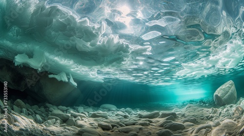 An icy underwater haven reflects the calm of a snowy landscape, basking in the glow of the setting sun.