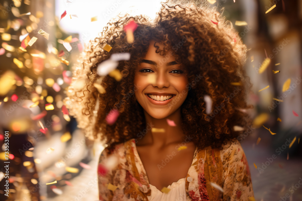 young woman with curly hair and confetti, vibrant colorism, young woman with curly hair and confetti, vibrant colorism,