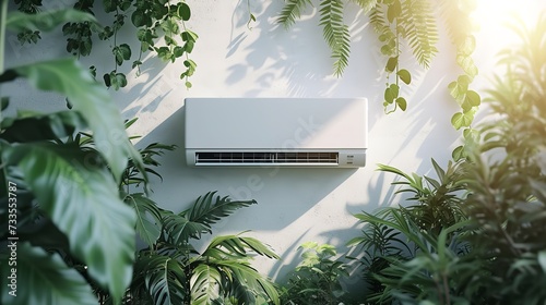 Air conditioner surrounded by green plants with a nice empty space for text, Generative AI. photo