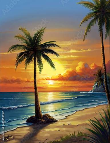 Sunset Serenity A Picture-perfect Beach Painting with Sea  Palm Trees  and the Innocence of a Cute