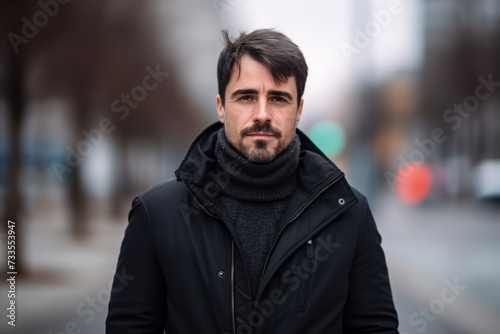 Portrait of a handsome young man wearing a black jacket in the city