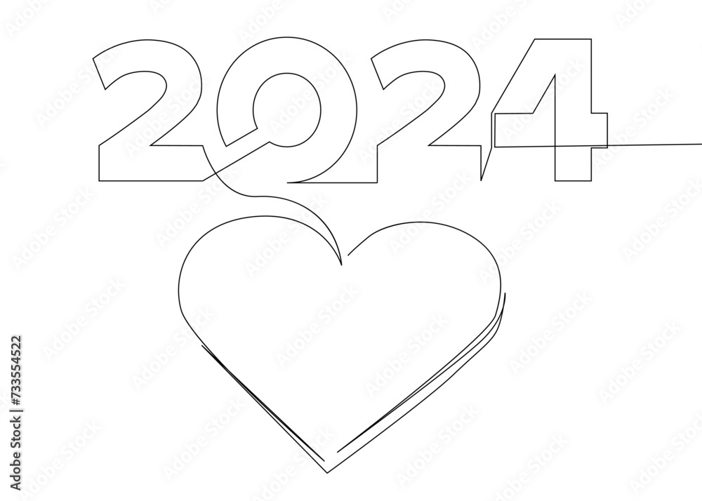 One continuous line of Heart and number 2024. Thin Line Illustration vector concept. Contour Drawing Creative ideas. One continuous line of Heart and number 2024. Thin Line Illustration vector concept. Contour Drawing Creative ideas.