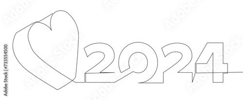 One continuous line of Heart and number 2024. Thin Line Illustration vector concept. Contour Drawing Creative ideas.