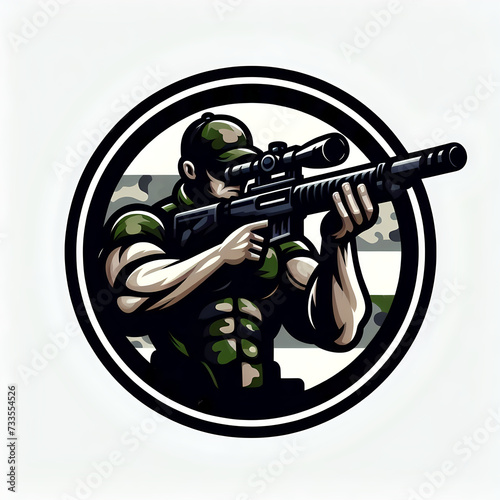 a circle emblem logo with a muscular army soldier holding a sniper in the logo