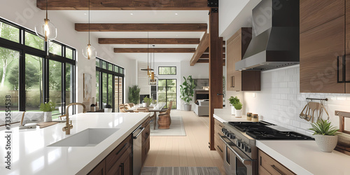 an open kitchen with white countertops and wood beam © ginstudio