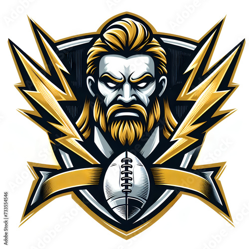 a football shield emblem logo with the God Zeus and two lightning bolts