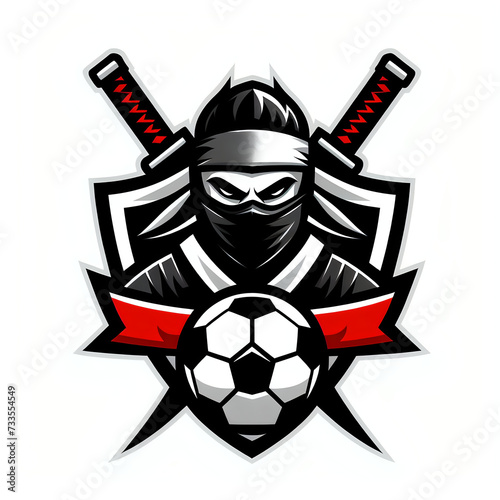 a soccer shield logo with a ninja and two katanas behind the logo