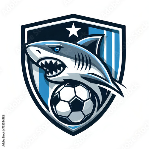 a soccer shield emblem logo with a shark inside the logo