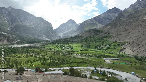 aerial scenic drone footage with dolly-out movement of basho valley in Pakistan during sunny day photo