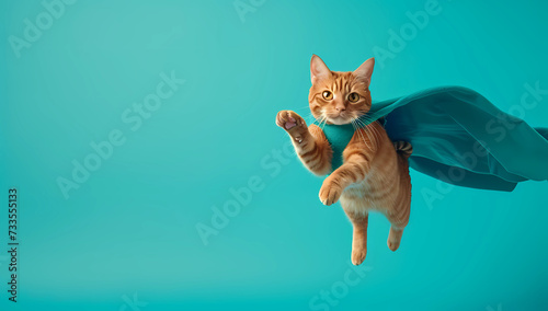 an orange tabby cat flying like a superhero © Asep