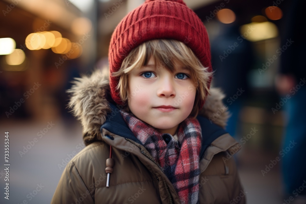 Portrait of a cute little boy with blue eyes in a warm coat and red hat on the street Portrait of a cute little boy with blue eyes in a warm coat and red hat on the street