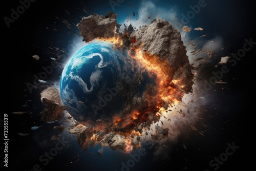 Planet Earth exploding from nuclear blast. Explosion of atomic bomb on the globe. Apocalypse, world war 3. AI Generated