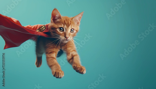 cat wearing a superhero cape flying over blue background © Asep