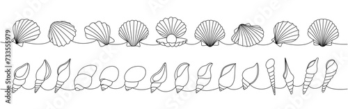 Sea shells set. Sea shells, mollusks, scallop, pearls. Tropical underwater shells continuous one line illustration. Vector minimalist illustration.