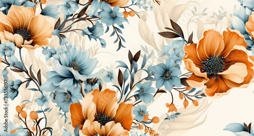 blue and orange flowers on a white background © Asep