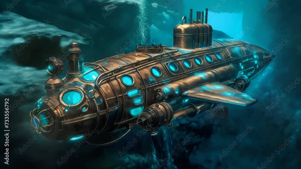 An oldfashioned submarine moving through the blue sea, emitting