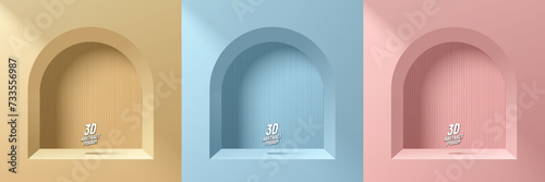 Set of pink, yellow, blue 3D background with product podium or shelf arch window and vertical pattern. Minimal mockup product display presentation, Stage showcase. Platforms vector geometric design.