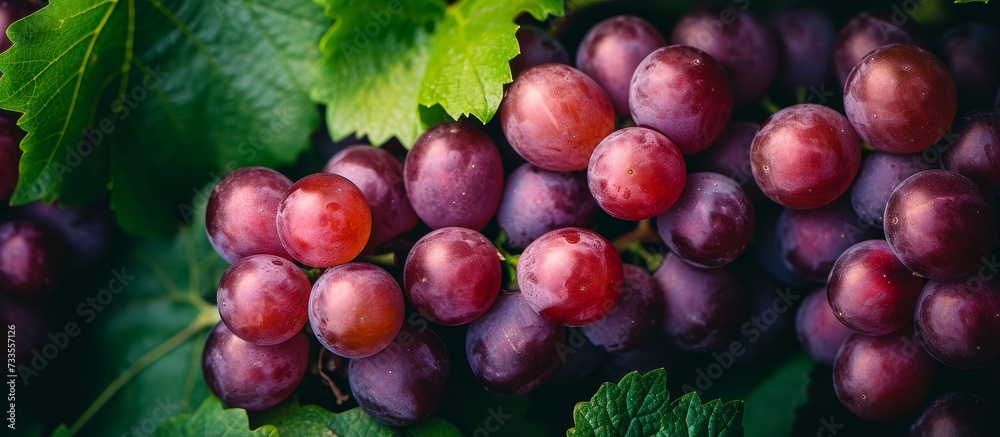 Obraz premium Red grapes clustered together during harvest, set against a backdrop of green grape leaves.