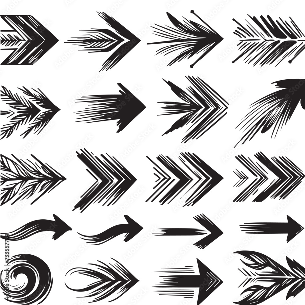 A Collection of Scribble Arrow Strokes in Varied Sizes and Directions, Black brush stroke arrow set. A Collection of Scribble Arrow Strokes in Varied Sizes and Directions, Black brush stroke arrow set.