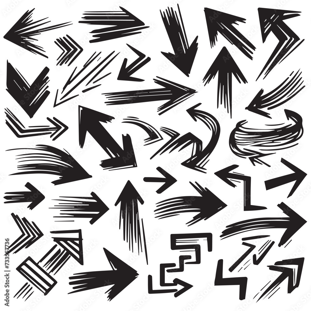 A Collection of Scribble Arrow Strokes in Varied Sizes and Directions, Black brush stroke arrow set. A Collection of Scribble Arrow Strokes in Varied Sizes and Directions, Black brush stroke arrow set.