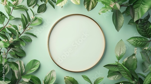 Green frames made of leaves on a white wooden table, Generative AI.
