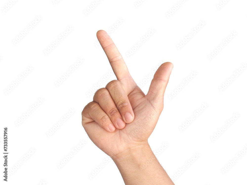 A male hand reaches up from below and points his finger to the side. The idea of pointing at something, such as an object or text. Isolated on a white background. A male hand reaches up from below and points his finger to the side. The idea of pointing at something, such as an object or text. Isolated on a white background.