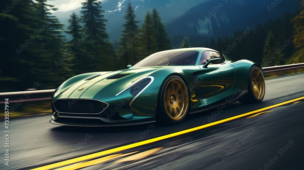A green modified sports car featuring custom alloy wheels, gliding effortlessly on the track with a touch of elegance