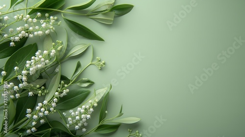 Green leaves and white flower lily valley background in a green surface with empty space, Generative AI.