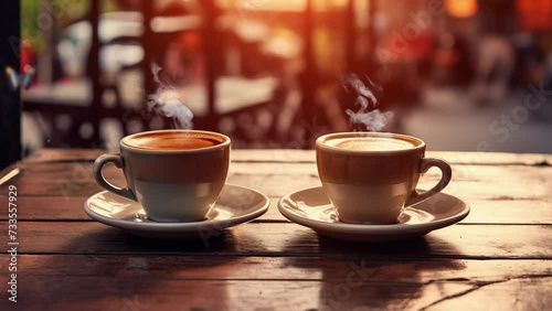 coffee in the morning two cup of espresso on wood table. seamless looping overlay 4k virtual video animation background  photo