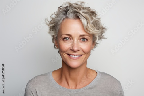 Portrait of smiling senior woman with short grey hair on grey background