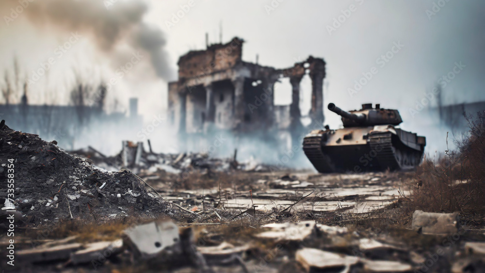 battle tank with smoke and fire in background. Destroyed building in town with burning structures after military attack during war.