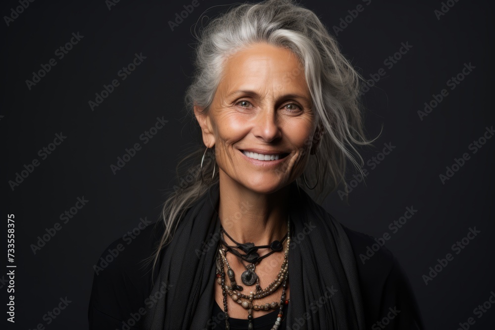 Portrait of a smiling senior woman on a dark background. Beauty, fashion.