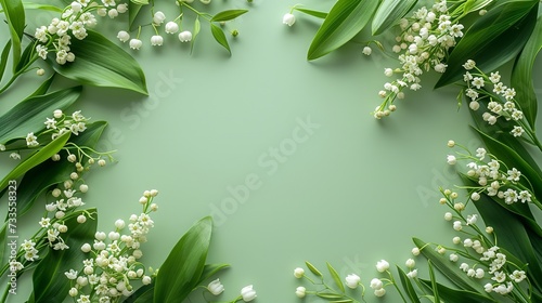Green leaves and white flower lily valley background in a green surface with empty space, Generative AI. photo
