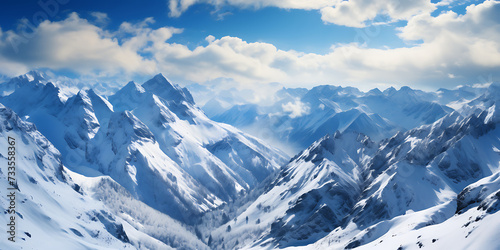 Snowy mountains landscape with lake and blue sky. 3d rendering © Graphicsstudio 5