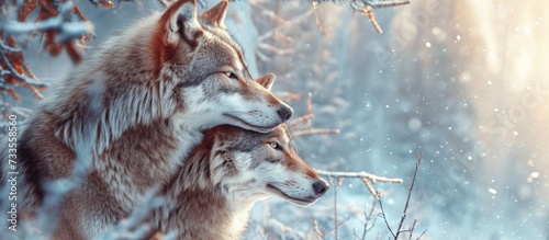 Two Majestic Wolves Embrace the Cold Winter Forest © TheWaterMeloonProjec