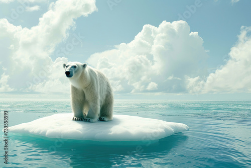 Global warming s impact. Polar bear on a lone ice floe in a tropical sea  bewildered