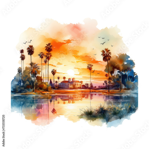 California sunset in watercolor, citycore, in the style of digital painting