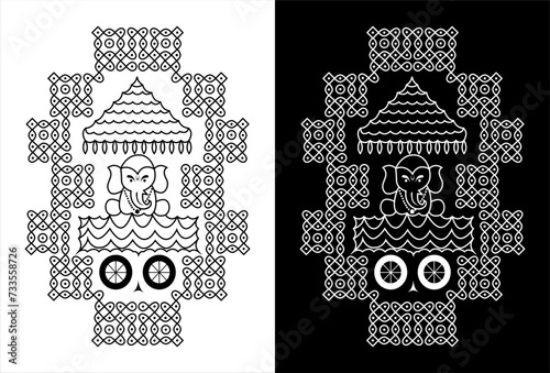 Indian Traditional and Cultural Rangoli or Kolam design concept with lord Ganesh isolated on black and white background - vector illustration photo