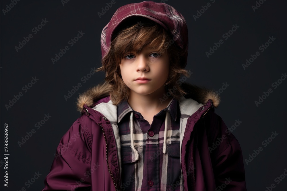 Fashionable little girl in warm clothes. Studio shot over dark grey background. Fashionable little girl in warm clothes. Studio shot over dark grey background.