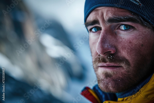 Close-up portraits of climbers against mountain backdrop