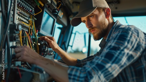 Male engineer installing auto pilot system in truck with empty space, Generative AI.