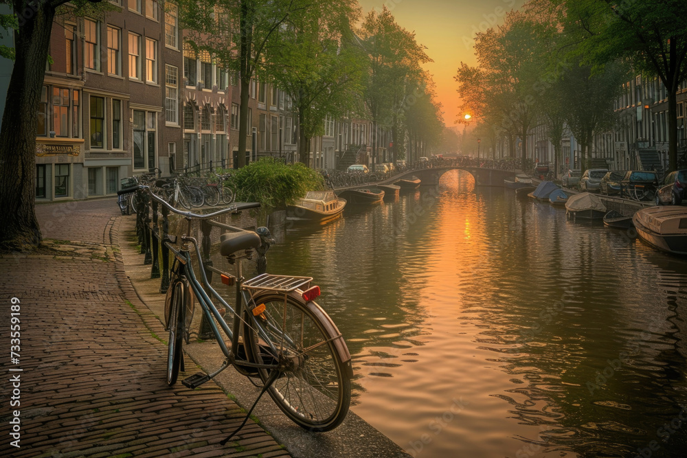 Tranquil Amsterdam canals at dawn, reflecting the city's charm